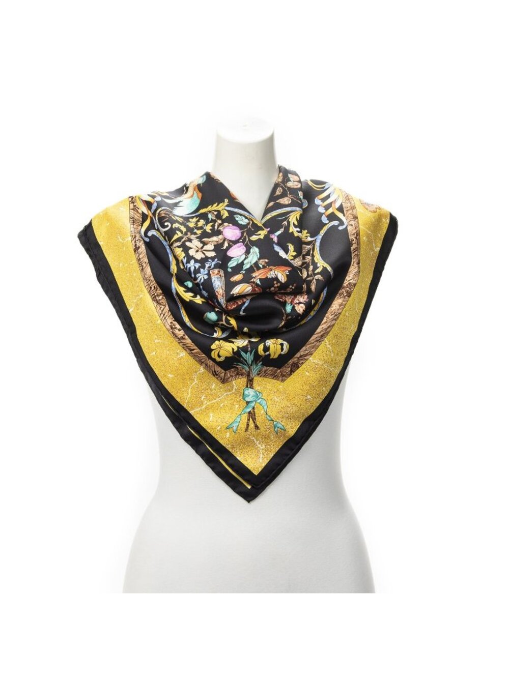 Hermes Scarf Black Yellow Blue Twill Silk
